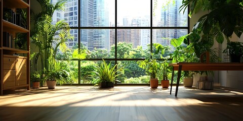 Leinwandbilder - Modern Office Interior with Large Windows Offering Urban Skyline View, Featuring Wooden Furniture, Shelving, Plants, and Natural Light