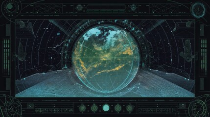Sci-fi HUD display showing Earth, futuristic interface for space exploration, technology concept. Perfect for games, UI design, science fiction. in flat design style