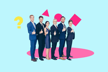 Aufkleber - Contemporary art collage of happy business people girls guys stand together group question mark idea development show like