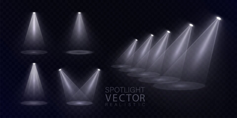Aufkleber - A set of realistic white spotlights with soft haze and glowing beams on a dark transparent background. Ideal for stage lighting mockups, concert designs.