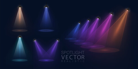 Aufkleber - A set of multi-colored spotlights with realistic glow and directional light cone on a dark background. Suitable for stage layouts, visual effects, concert screensavers, UI interfaces and presentations