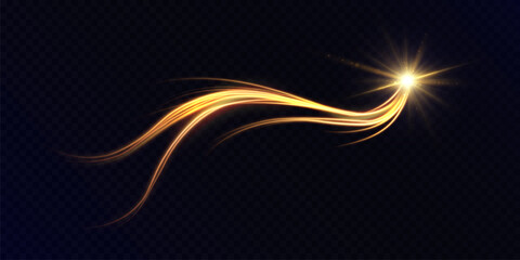 Poster - Magic golden light stream with glowing particles, trails and shining star. Vector for fantasy effects, motion design and game interfaces.