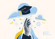 © zaie - Graduate vector illustration background. Halftone effect student hand, cap in sky. Education graduation congratulation banner. Celebrate grad class of 2025, cool fun art collage design.