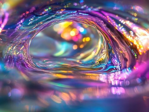 Holographic drop blooms gently on a chromatic streaming background