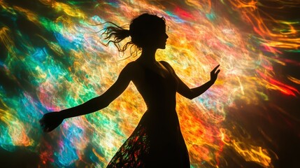 Poster - Silhouette of a graceful woman dancing against a vibrant, colorful backdrop.