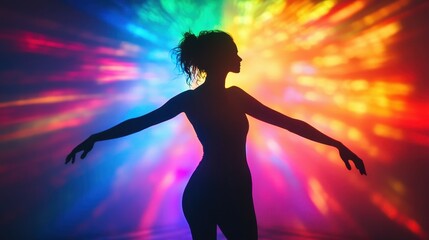 Poster - Silhouette of a woman against vibrant rainbow light patterns.