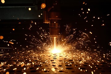 Poster - Metal cutting process creates sparks in industrial workshop at night