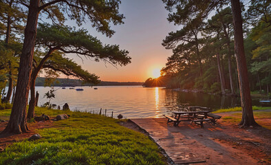 Poster - Serene lake with a sunset in the background. The water is calm and the trees surrounding the lake are tall