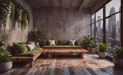 Poster - Living room with a large window overlooking a city. The room is decorated with green furniture and plants, giving it a fresh and inviting atmosphere
