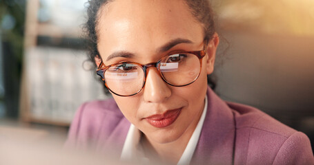 Poster - Computer, finance and reading with business woman at desk for investment or portfolio management. Agenda, glasses and information with stock market broker in workplace for strategy development