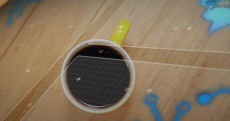 Poster - White coffee cup with yellow handle being visualized on wooden tabletop showing AR overlay