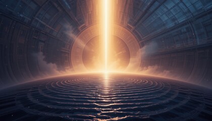 Poster - Radiant energy beam igniting a cosmic sea futuristic laboratory digital art sci-fi environment wide-angle view exploration concept