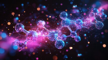 Poster - Vibrant molecular structure with glowing particles in pink and blue hues.