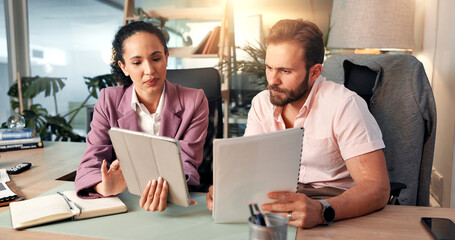 Poster - Documents, tablet and business people in office for meeting, planning and collaboration for project. Professional, discussion and man and woman on digital tech for online report, research and website