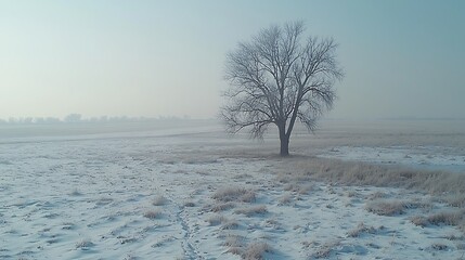 Wall Mural - Solitary tree in a snowy field on a misty morning