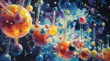 Poster - Abstract depiction of colorful molecules interspersed in a cosmic landscape.