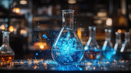 Poster - A vibrant blue fluid splashes in a glass flask, showcasing scientific experimentation.