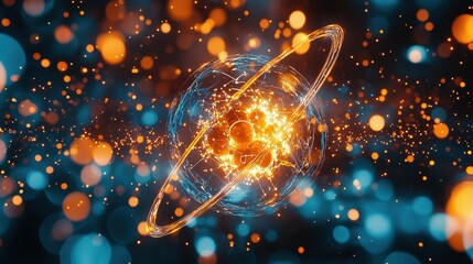 Poster - Dynamic representation of an atom with vibrant orange and blue particles in motion.