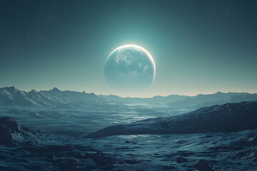 vast, alien landscape illuminated by a luminous celestial body.