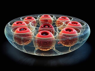 Fototapete - Abstract representation of a molecular structure with red spheres in a transparent container, showcasing scientific beauty