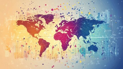 Poster - Colorful world map illustrating global connections and digital networks.