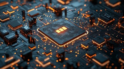 Poster - Close-up of a futuristic microchip with glowing circuitry.