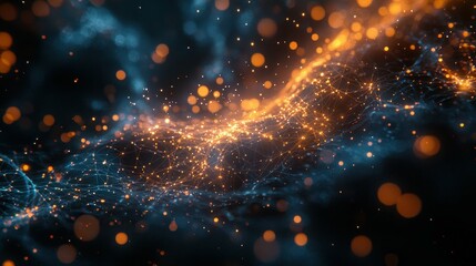Fototapete - A mesmerizing abstract digital landscape with glowing orange and blue particles.