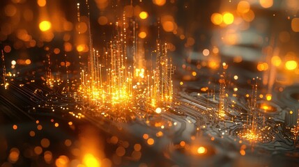 Fototapete - Abstract close-up of glowing orange circuit patterns and digital sparks.