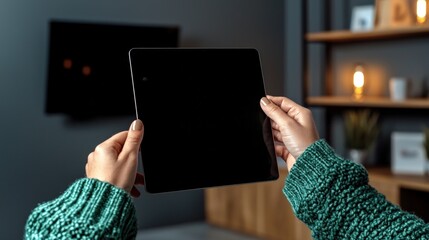 Poster - Customer casually browsing online store using a tablet in a comfortable living room setting at home now.