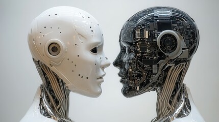 Poster - Futuristic humanoid robots, one with a sleek surface, the other with visible tech features.
