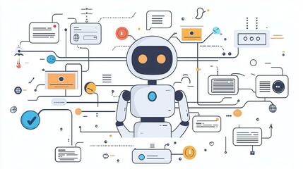 Poster - A friendly robot amidst a network of digital icons and messages.