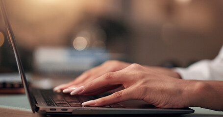 Poster - Laptop, hands and businesswoman in office at night for creative project with deadline. Keyboard, computer and female magazine editor typing for publishing online with working late in workplace.