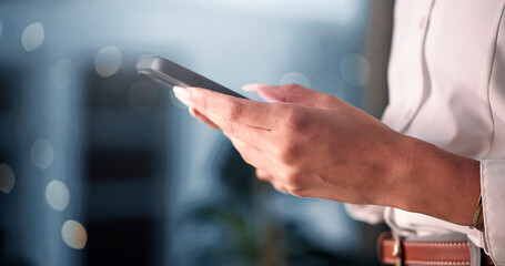 Poster - Hands, business and woman with cellphone, night and typing with email for banking text. Bokeh, person or investment advisor in office, evening or smartphone with digital app for message or internet