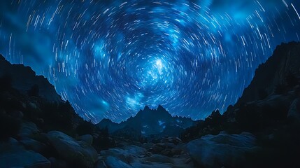 Wall Mural - Star trails swirl around mountain peaks under a night sky