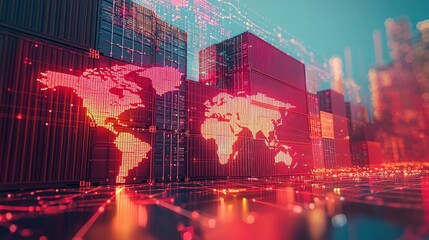 Poster - Digital world map overlay on shipping containers, showcasing global trade technology.