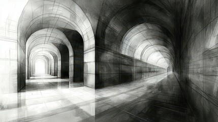 Poster - Abstract architectural design with elongated arches and contrasting shadows.
