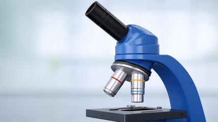 Poster - blue microscope with multiple lenses on a table in laboratory setting