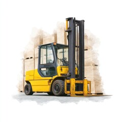 Poster - Yellow Forklift Vehicle in Warehouse with Wooden Pallets Nearby