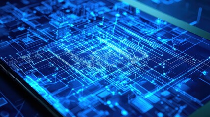 Fototapete - Abstract digital circuit board in blue tones, symbolizing technology and connectivity.
