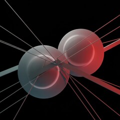 Poster - Abstract Geometric Composition: Intersecting Spheres and Lines in Red and Gray Hues