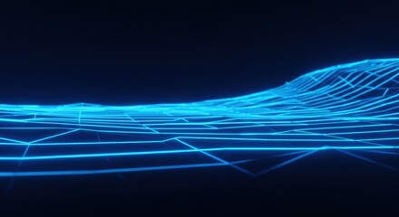 Poster - Abstract Blue Neon Grid Landscape Digital Art Futuristic Technology Background Design