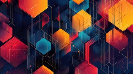 Poster - Abstract geometric pattern featuring vibrant hexagons in orange, blue, and dark tones.