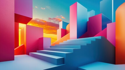 Poster - Colorful abstract geometric landscape with vibrant sunset hues.