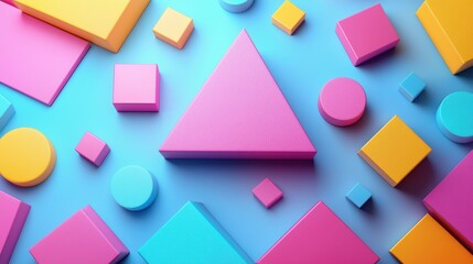 Poster - Colorful geometric shapes arranged on a blue background, creating a playful composition.