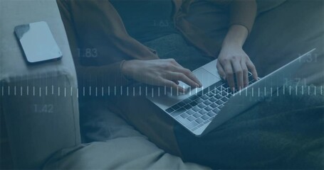 Poster - Woman typing on couch with laptop, showing floating candlestick charts and smartphone for finance