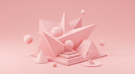 Poster - Abstract Pink Geometric Shapes Composition: 3D Render of Spheres, Cones, and Pyramids in a Minimalist Style