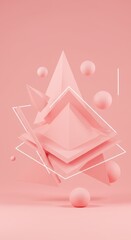 Poster - Abstract Pink Geometric Shapes Composition: 3D Render of Floating Pyramids, Spheres, and Lines Against a Pastel Pink Background