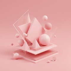 Poster - Abstract Pink Geometric Composition: Layered Shapes and Spheres in a Minimalist 3D Render