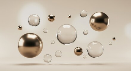 Poster - Abstract 3D Render of Floating Gold and Glass Spheres in Beige Background: Elegant Minimalist Design