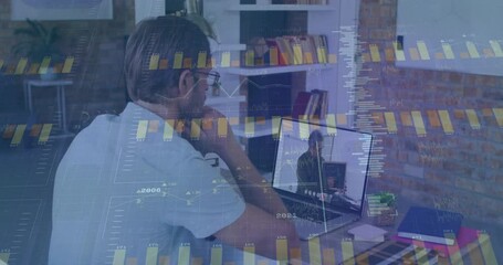 Poster - Man wearing glasses seated at laptop joining remote business call, featuring animated charts